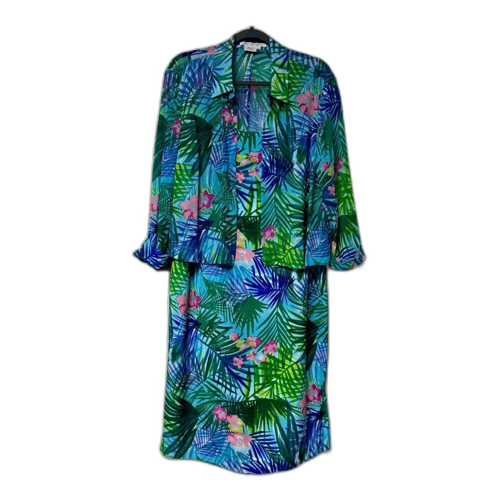VINTAGE - MAGGY LONDON Two-Piece 100% Silk Tropical Print Midi Dress, Sz 14